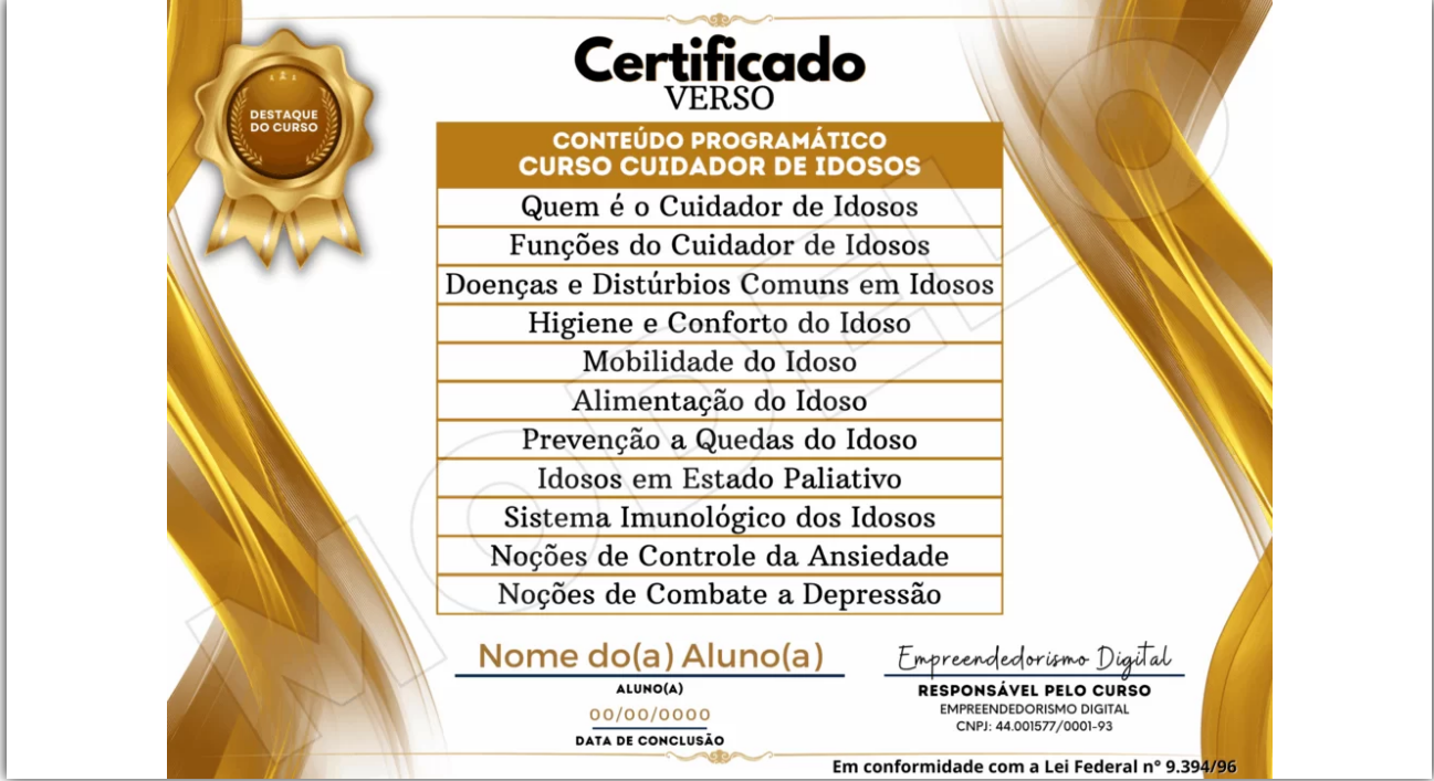 Verso do certificado com o conteúdo programático do curso