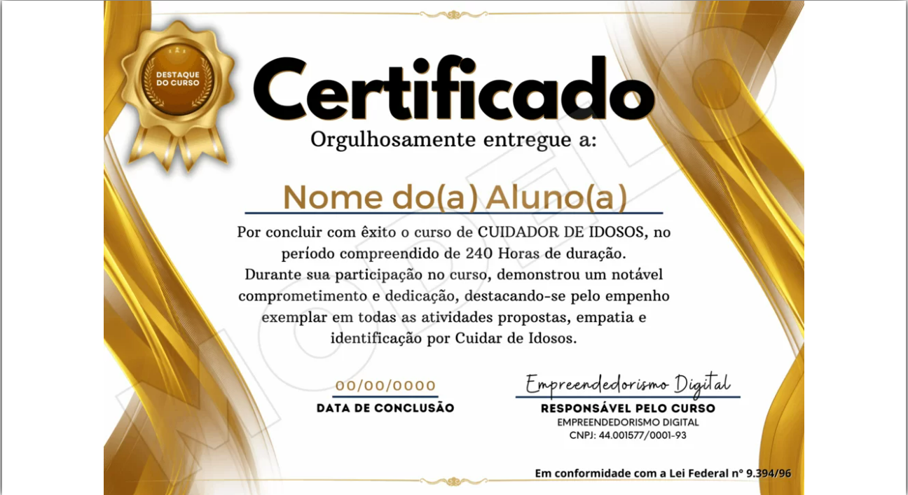 Frente do certificado dourado do curso Cuidador de Idosos